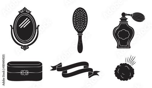 Charming collection of vintage beauty and cosmetic accessories depicted as black silhouettes, including a vanity mirror, hairbrush, perfume atomizer, and powder puff