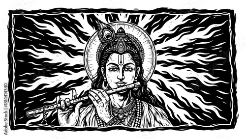 Lord Krishna With Halo And Flute Sacred Woodcut Portrait Illustration
