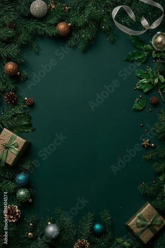 Holiday Decorations With Gifts and Ornaments on a Dark Background