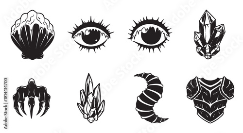 Graphic assortment of black and white fantasy illustrations with mystical elements like an all-seeing eye, crystals, a monster claw, a demon horn, and medieval armor