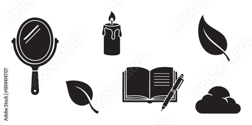 Set of minimalist black silhouette icons for journaling and self-care, featuring a hand mirror, burning candle, open book with pen, leaves, and a cloud