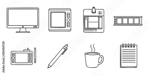 Collection of hand-drawn outline icons representing a creative professional's workspace, including a monitor, graphics tablet, film, pen, notebook, and coffee mug