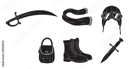 Set of black and white vector illustrations featuring explorer and combat accessories, including a sabre, dagger, combat boots, pilot headgear, scarf, and a small satchel