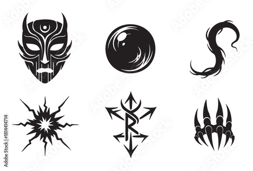 Collection of black graphic elements in a fantasy tribal style, with a warrior mask, monster claw, magic orb, dragon tail, and abstract mystical symbols