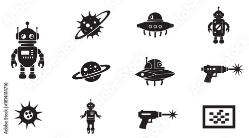 Collection of retro science fiction icons featuring robots, planets, UFOs, and laser guns, presented as black silhouettes in a simple graphic style