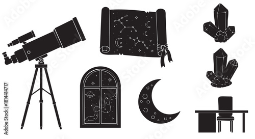 Collection of black silhouette icons related to astronomy and astrology, featuring a telescope, star chart, crystals, celestial window, and crescent mo