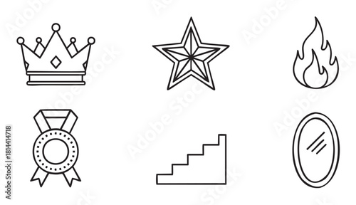 Set of six minimalist black line art icons representing success, achievement, and fame, including a crown, star, medal, flame, stairs, and mirror