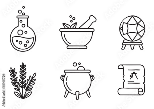 Collection of simple black outline icons for magic and sorcery themes, showing a bubbling potion, mortar and pestle, crystal ball, herbs, cauldron, and an ancient scroll