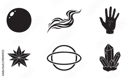 Collection of minimalist black silhouette icons with esoteric symbols like a planet, star, crystal cluster, and hand, representing magic, astrology, and spirituality