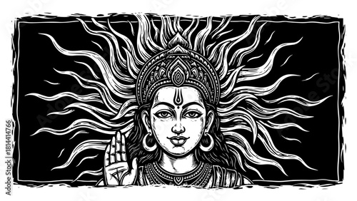 Close up portrait of Hindu deity giving blessing with sun rays halo background in linocut style