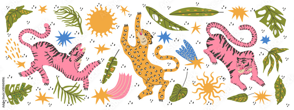 Obraz premium Funky jungle set with leopard tiger and tropical palm leaves.