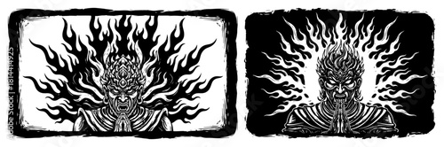 Set of fierce Hindu deity vector portraits with flaming hair and joined hands featuring Agni or Asura face in grunge linocut style