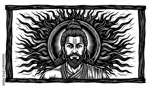 Hand drawn portrait of Hindu Sage or Rishi with beard and solar halo vector illustration representing spiritual guru in vintage woodcut style