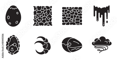 Collection of minimalist black silhouette icons for fantasy or monster themes, including a dinosaur egg, reptile skin, a sharp talon, and an embryonic creature