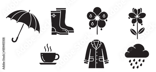 Collection of black silhouette icons representing rainy weather, including an umbrella, rubber boots, raincoat, rain cloud, wet flowers, and a hot beverage for a cozy autumn day