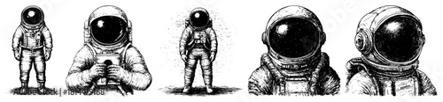 Set of hand drawn astronaut character illustrations Vector black and white sketch of spaceman in space suit and helmet