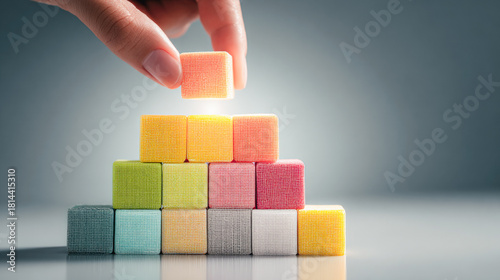 Hand placing a glowing colorful building block on top of a pyramid of blocks symbolizing success and growth