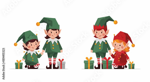 Illustration of two pairs of christmas elves standing with gifts on a white background scene view