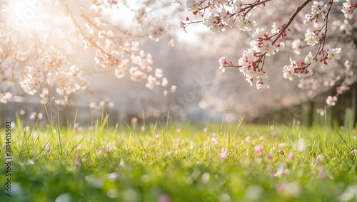 Soft Cherry Blossoms Sway Gently in the Spring Breeze Above a Lush Green Meadow