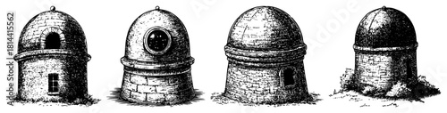 Ancient Stone Observatory Tower Domed Building Engraving Vector Set