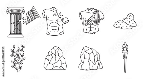 Set of black and white line art icons depicting ancient civilization ruins, including a broken column, shattered statues, rocks, ivy, and a flaming torch