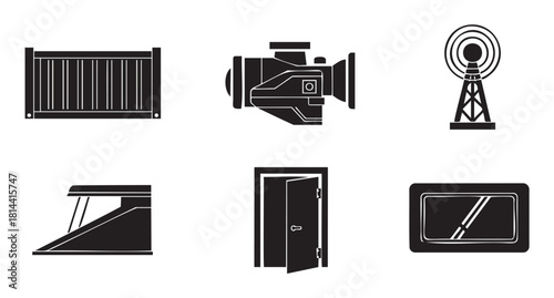 Minimalist graphic icon set featuring six black silhouettes of industrial objects like a shipping container, motor, radio tower, and open door