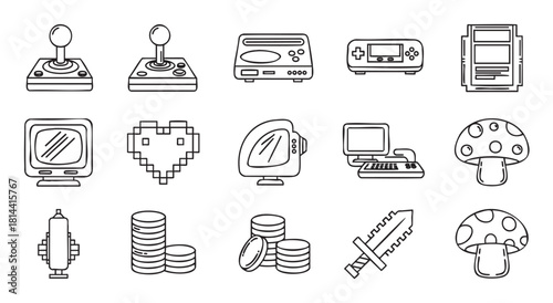 Nostalgic collection of retro video game line art icons, featuring classic consoles, joysticks, pixelated hearts, swords, and other gaming elements