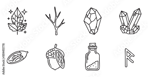 Set of minimalist black line icons for witchcraft and pagan themes, including a magic leaf, crystals, a potion bottle, an acorn, and an ancient runic symbol