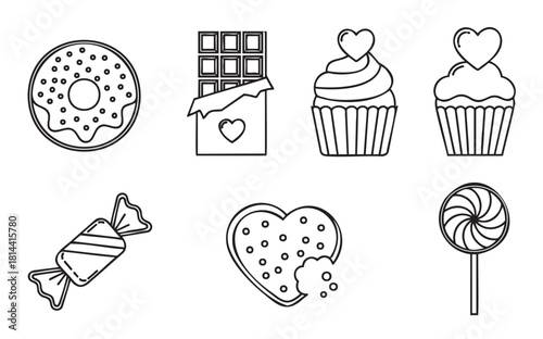 Collection of sweet food icons in a minimalist black and white line art style, including a donut, chocolate, cupcakes with hearts, candy, a cookie, and a lollipop
