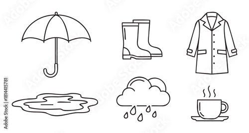 Minimalist collection of autumn and rainy day icons including an umbrella, wellingtons, a trench coat, a puddle, a cloud, and a steaming cup