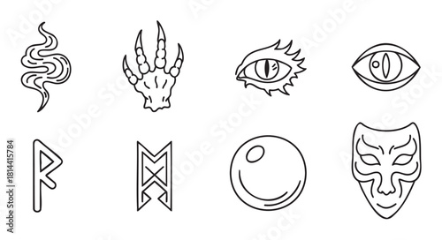 Set of fantasy and magic themed icons in a black line art style, featuring a dragon's eye, monster claw, ancient runes, a crystal ball, and a mystical mask