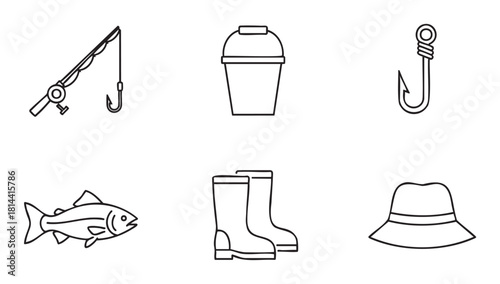 Set of fishing and angling icons in a minimalist black line art style, featuring a rod, bucket, hook, fish, rubber boots, and a hat