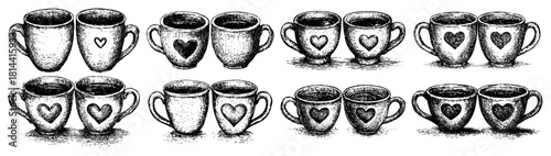 row of coffee cups with heart symbol vintage hand drawn engraving vector