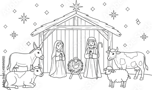 Black and White Outline Nativity Scene Coloring Page, Featuring Baby Jesus, Mary, Joseph, Animals, and Star of Bethlehem, Christmas Vector Art.