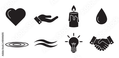 Minimalist black icon set with symbols for love, charity, nature, ideas, and partnership, a versatile graphic collection for conceptual design