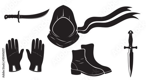 Set of black vector icons for a fantasy character like a rogue or assassin, with a hooded cowl, daggers, gloves, and boots, presented in a clean silhouette style