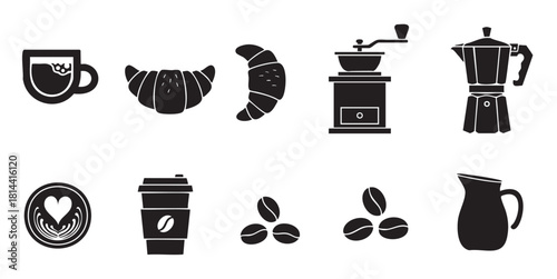 Collection of black silhouette icons representing coffee culture and breakfast, including a moka pot, grinder, croissant, and latte art