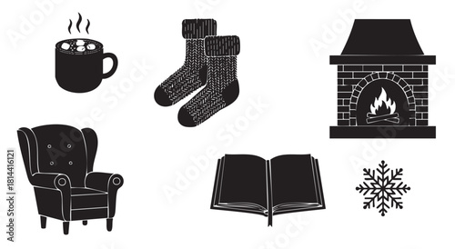 Set of black silhouette icons representing a cozy winter theme, with a fireplace, hot chocolate, knitted socks, an armchair, an open book, and a snowflake