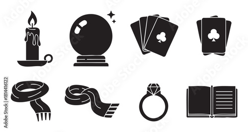 Collection of black silhouette icons for magic, mystery, and fortune telling themes, including a crystal ball, playing cards, a candle, a book, a ring, and a scarf