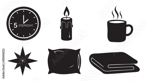 Collection of black silhouette icons representing nighttime, sleep, and relaxation, including a clock, candle, hot drink, star, pillow, and blanket
