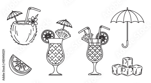 Set of black and white line art illustrations featuring tropical cocktails, a coconut drink, ice cubes, and fruit garnishes, representing a summer vacation or party theme
