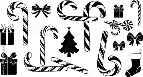 Christmas Candy Cane Silhouettes Vector Set, Featuring Gift Boxes, Bows, and Tree Icon, Sweet Festive Treats and Holiday Decoration Graphics.