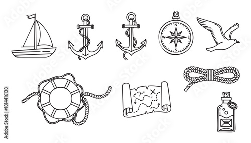 Set of hand-drawn nautical icons including a sailboat, anchor, compass, and treasure map
