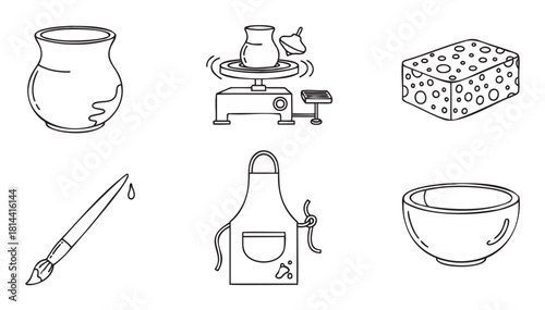 Set of black and white line art icons representing pottery and ceramics crafting, including a potter's wheel, clay vase, bowl, apron, sponge, and paintbrush