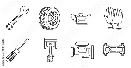 Set of minimalist line art icons for automotive service and repair, featuring tools and vehicle parts like a wrench, tire, oil can, and engine