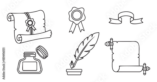 Set of historical calligraphy and correspondence elements with parchment scrolls, a feather quill, ink pot, and wax seal