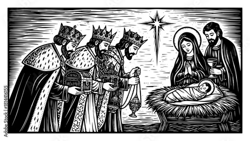 Christmas nativity scene with three wise men woodcut vector illustration