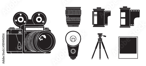 Monochrome silhouette icon set for photography and filmmaking, featuring a retro camera, lens, film canister, speedlight, tripod, and a blank instant photo frame
