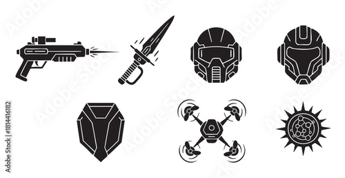 Collection of black silhouette science fiction icons featuring a laser gun, futuristic sword, combat helmets, a shield, drone, and an abstract emblem