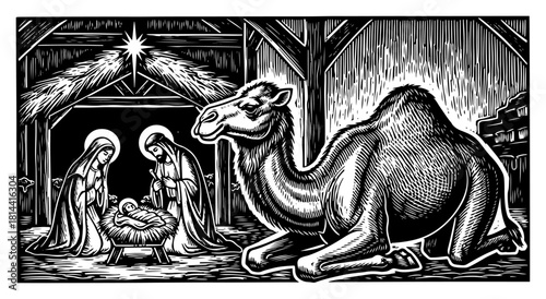 Nativity scene featuring Holy Family and camel in stable vintage woodcut vector illustration